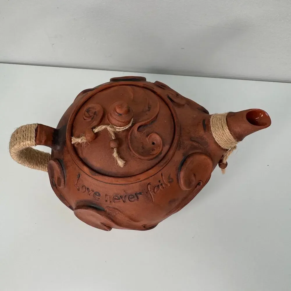 Doladu LOVE NEVER FAILS Brown Teapot Ceramic Rustic Pottery Handcrafted with Lid